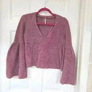 Free People Rose Pink Damsel Bell Sleeve Cotton Vneck Knitted Sweater,Size M